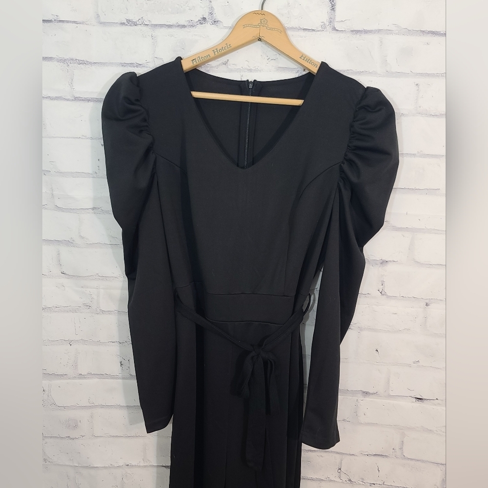 Black Puff Sleeve Belted Jumpsuit Large